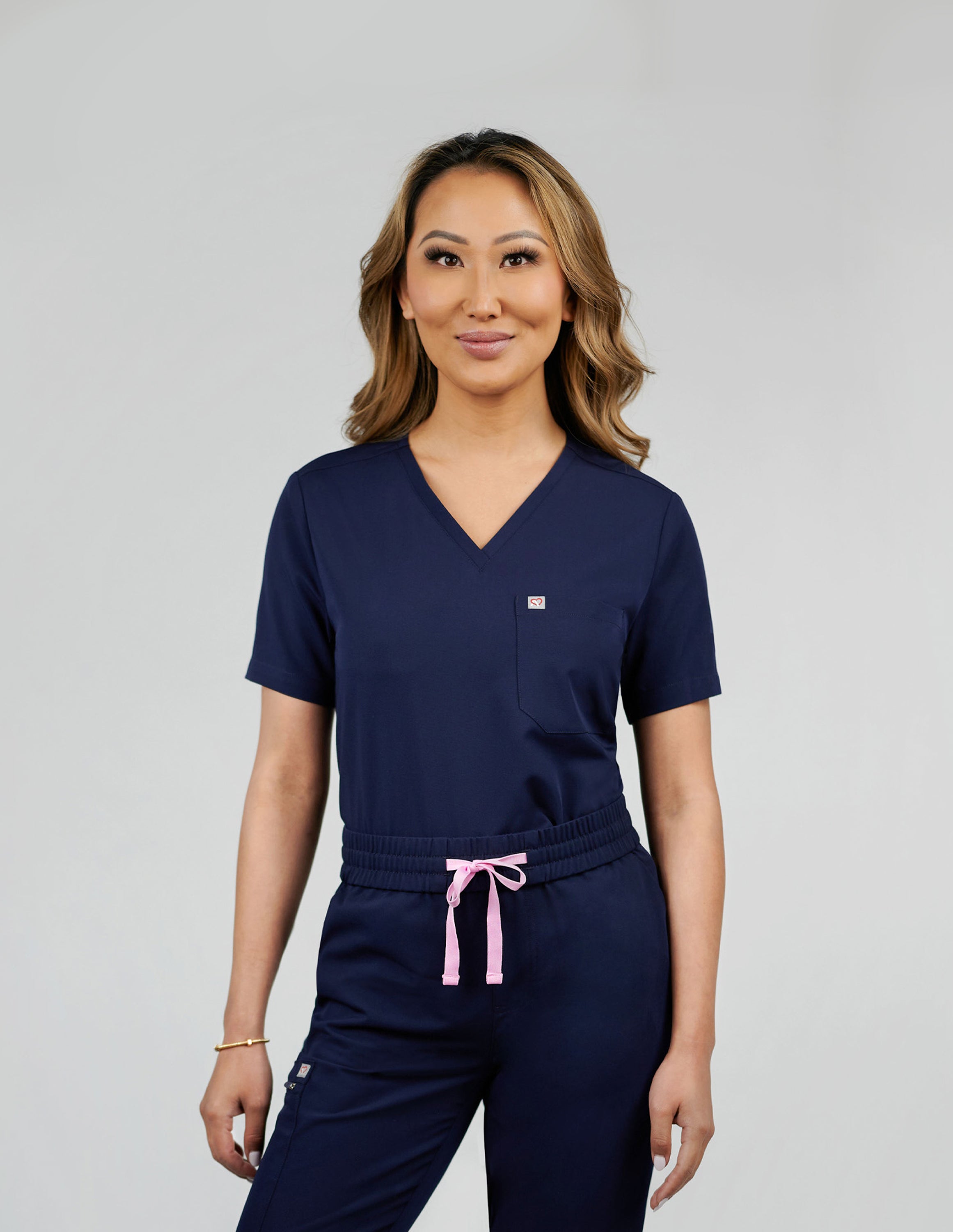 Rose One-Pocket Womens Navy Scrub Top