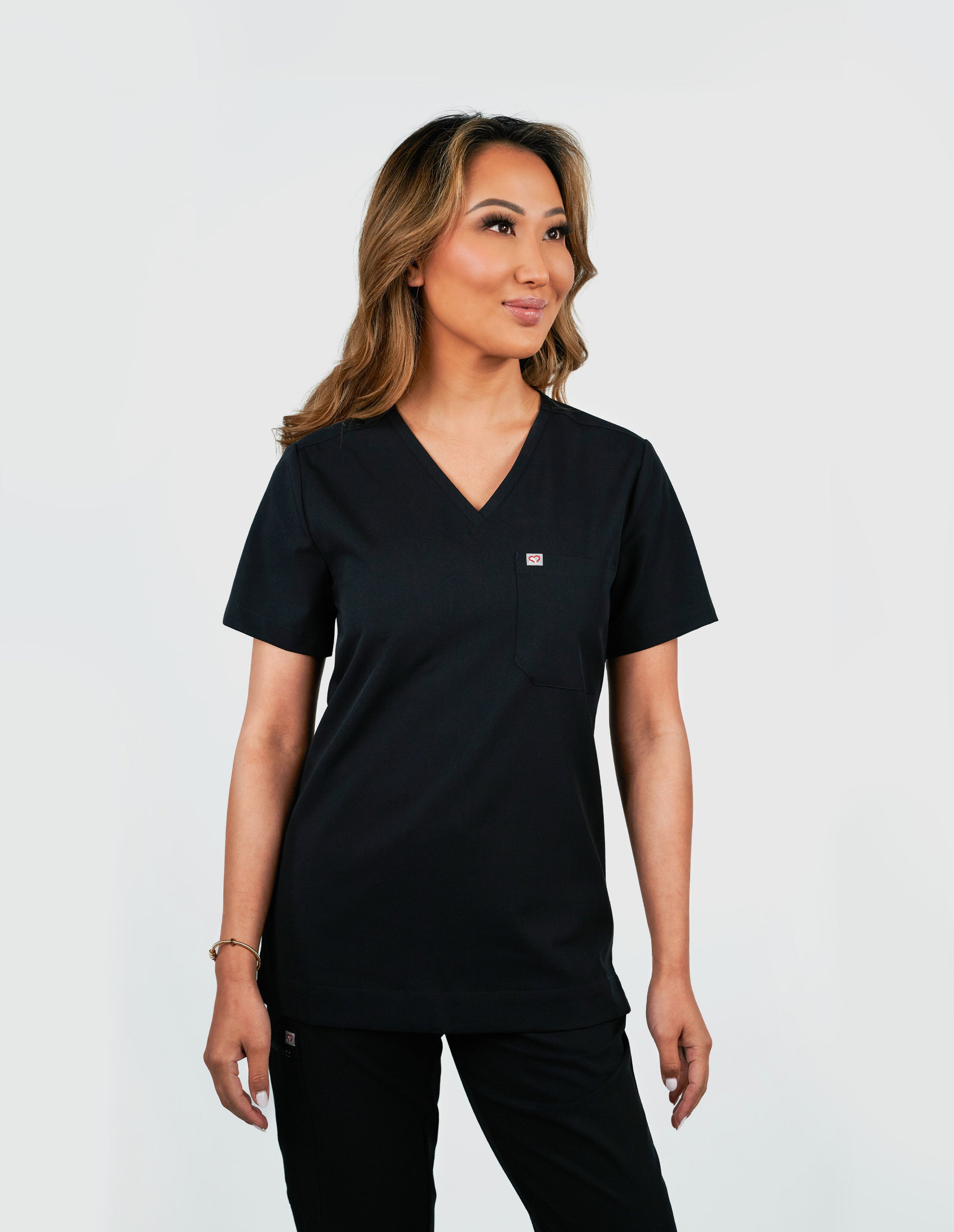 Rose One-Pocket Women's Black Scrub Top
