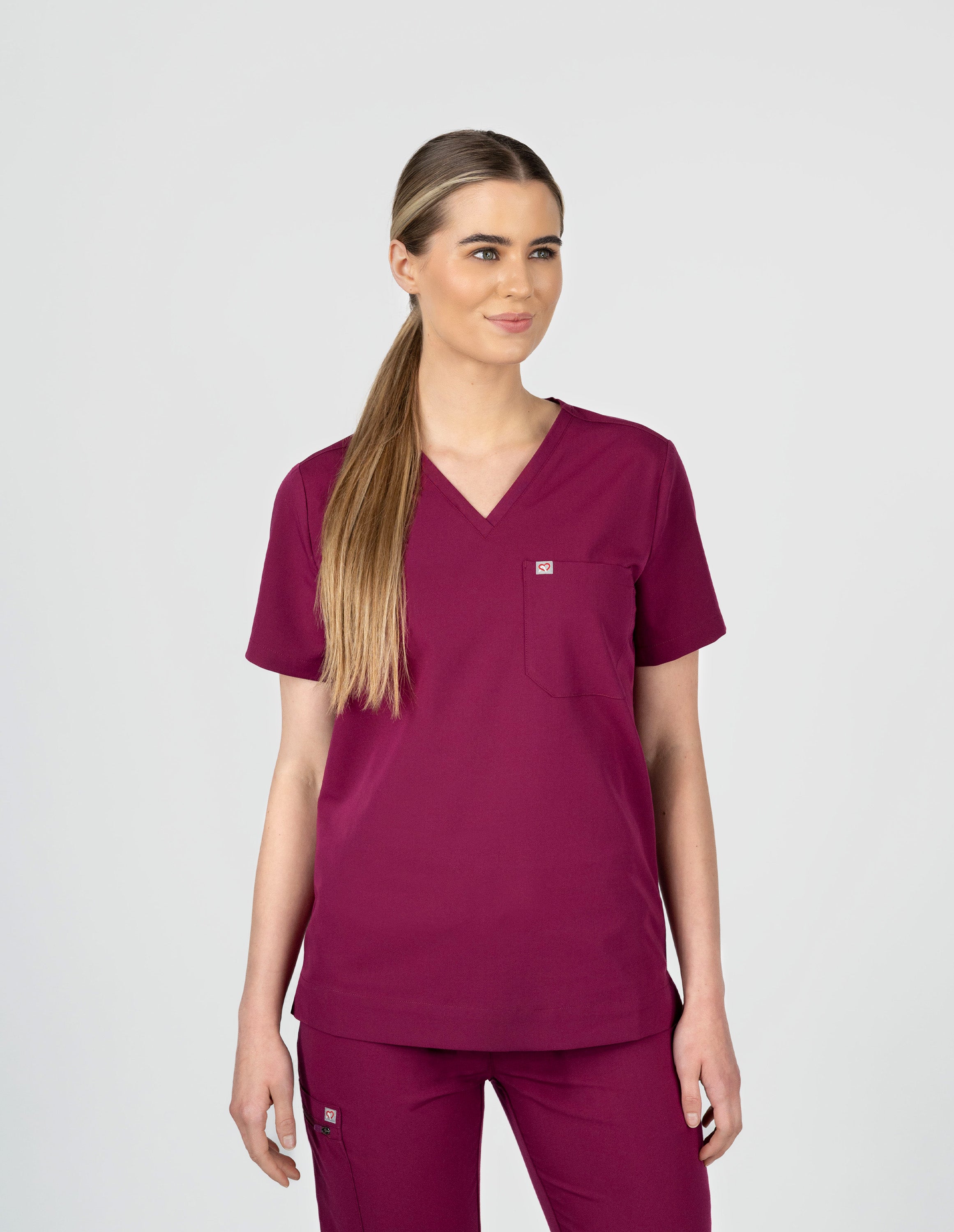 Rose One-Pocket Womens Maroon Scrub Top