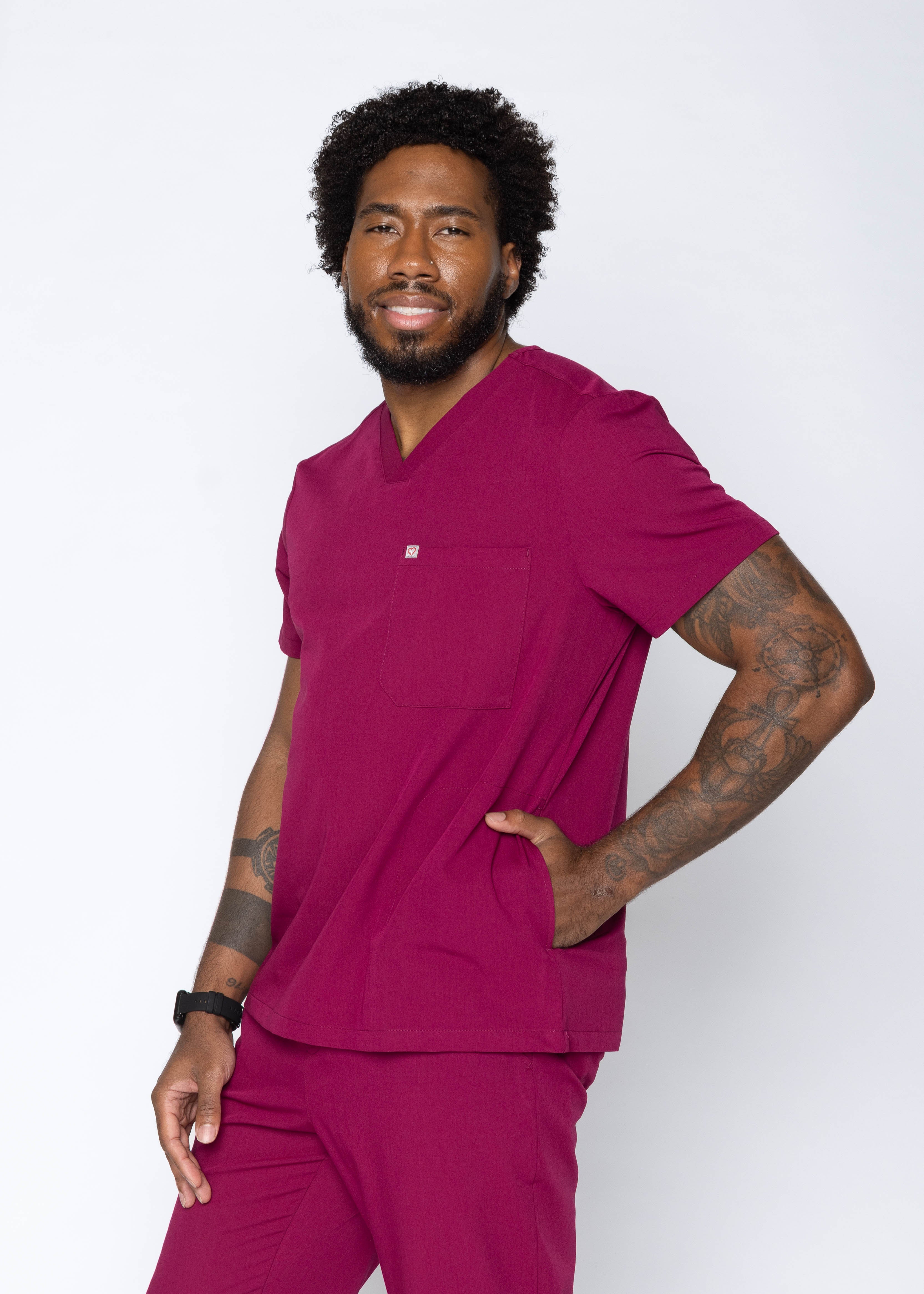 Venice Three-Pocket Mens Maroon Scrub Top