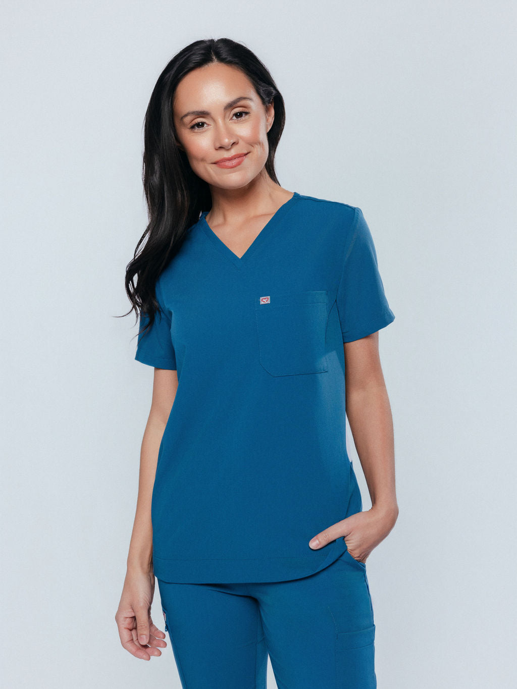 Rose One-Pocket Womens Caribbean Blue Scrub Top