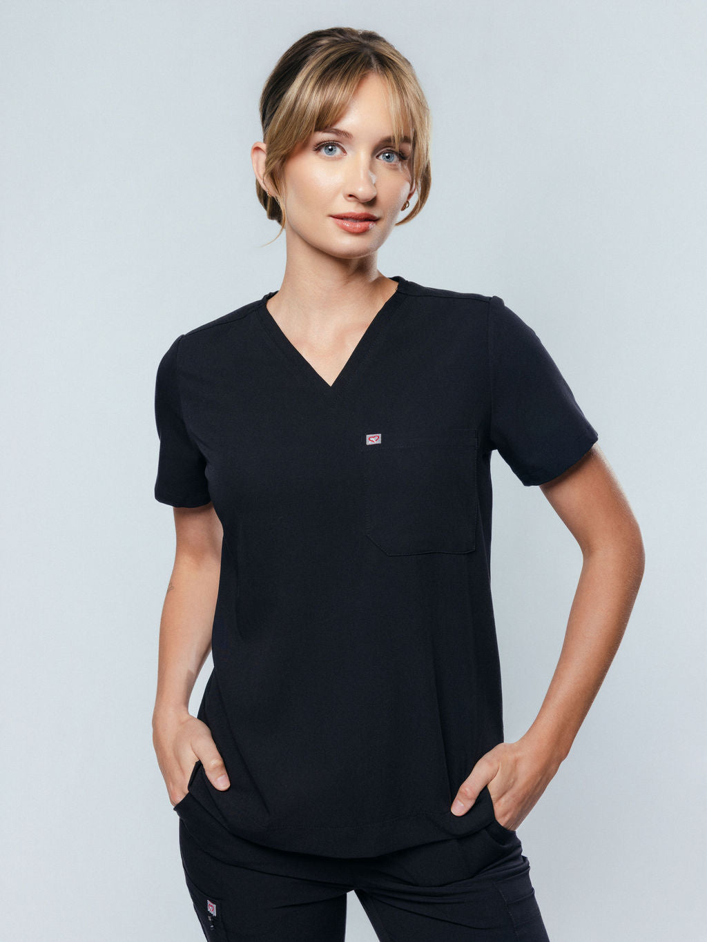 Rose One-Pocket Womens Black Scrub Top