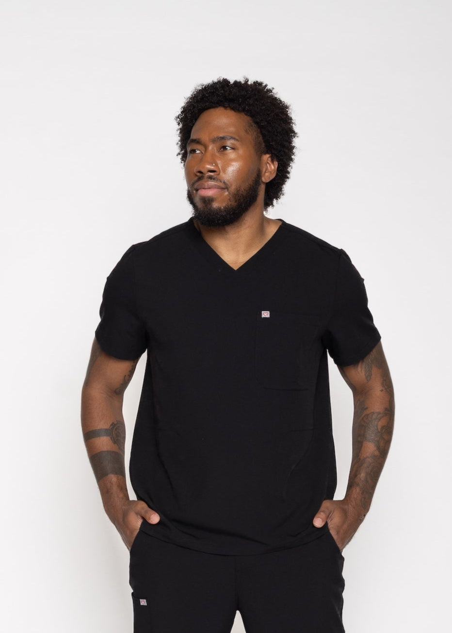 Venice Three-Pocket Mens Black Scrub Top