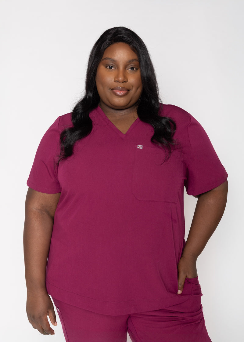 Rose One-Pocket Womens Maroon Scrub Top
