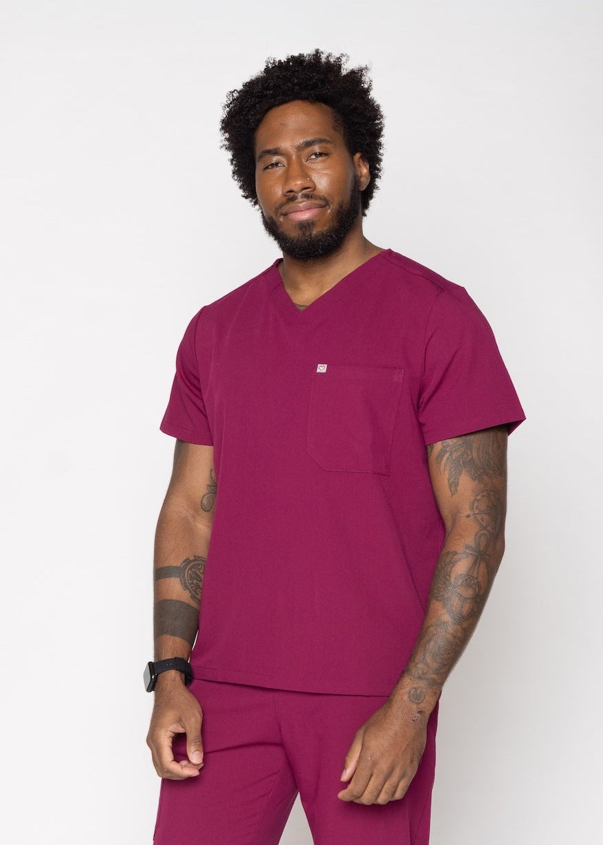 Paris One-Pocket Men's Maroon Scrub Top