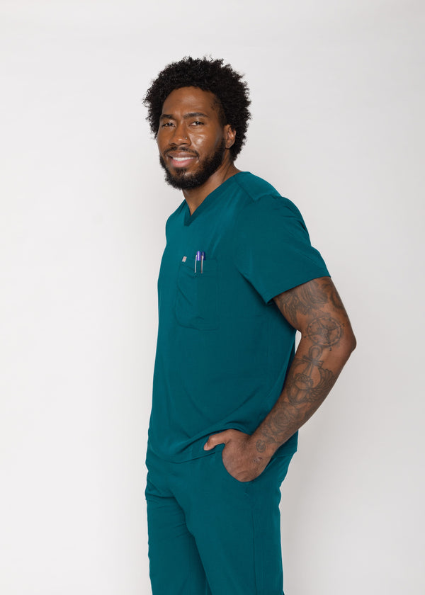 Paris One-Pocket Men's Caribbean Blue Scrub Top