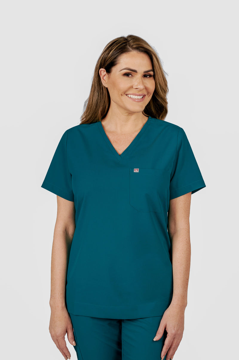 Rose One-Pocket Womens Caribbean Blue Scrub Top